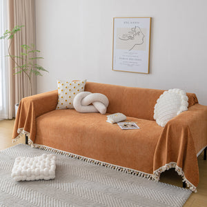 Boho Herringbone Sofa Throw Blanket with Pom Pom Tassels Stylish Furniture Slipcover