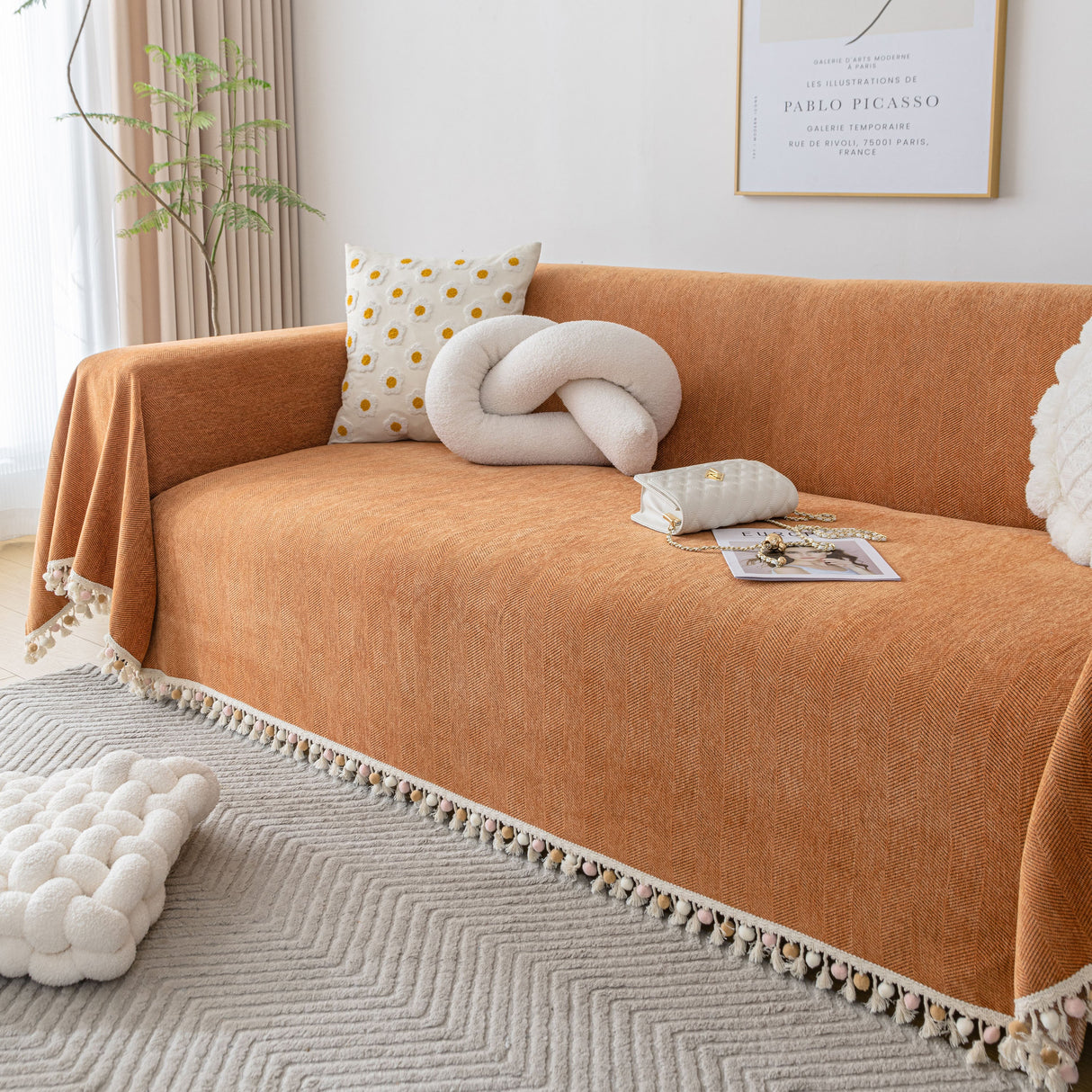 Boho Herringbone Sofa Throw Blanket with Pom Pom Tassels Stylish Furniture Slipcover