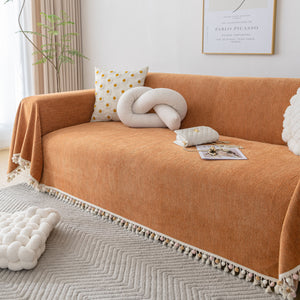 Boho Herringbone Sofa Throw Blanket with Pom Pom Tassels Stylish Furniture Slipcover