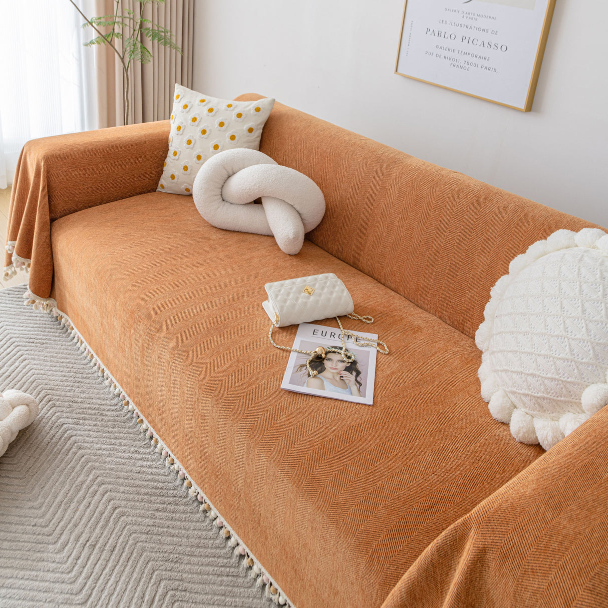 Boho Herringbone Sofa Throw Blanket with Pom Pom Tassels Stylish Furniture Slipcover