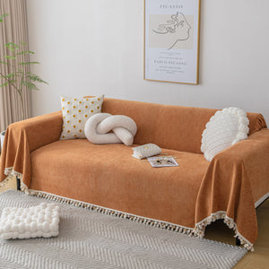 Boho Herringbone Sofa Throw Blanket with Pom Pom Tassels Stylish Furniture Slipcover