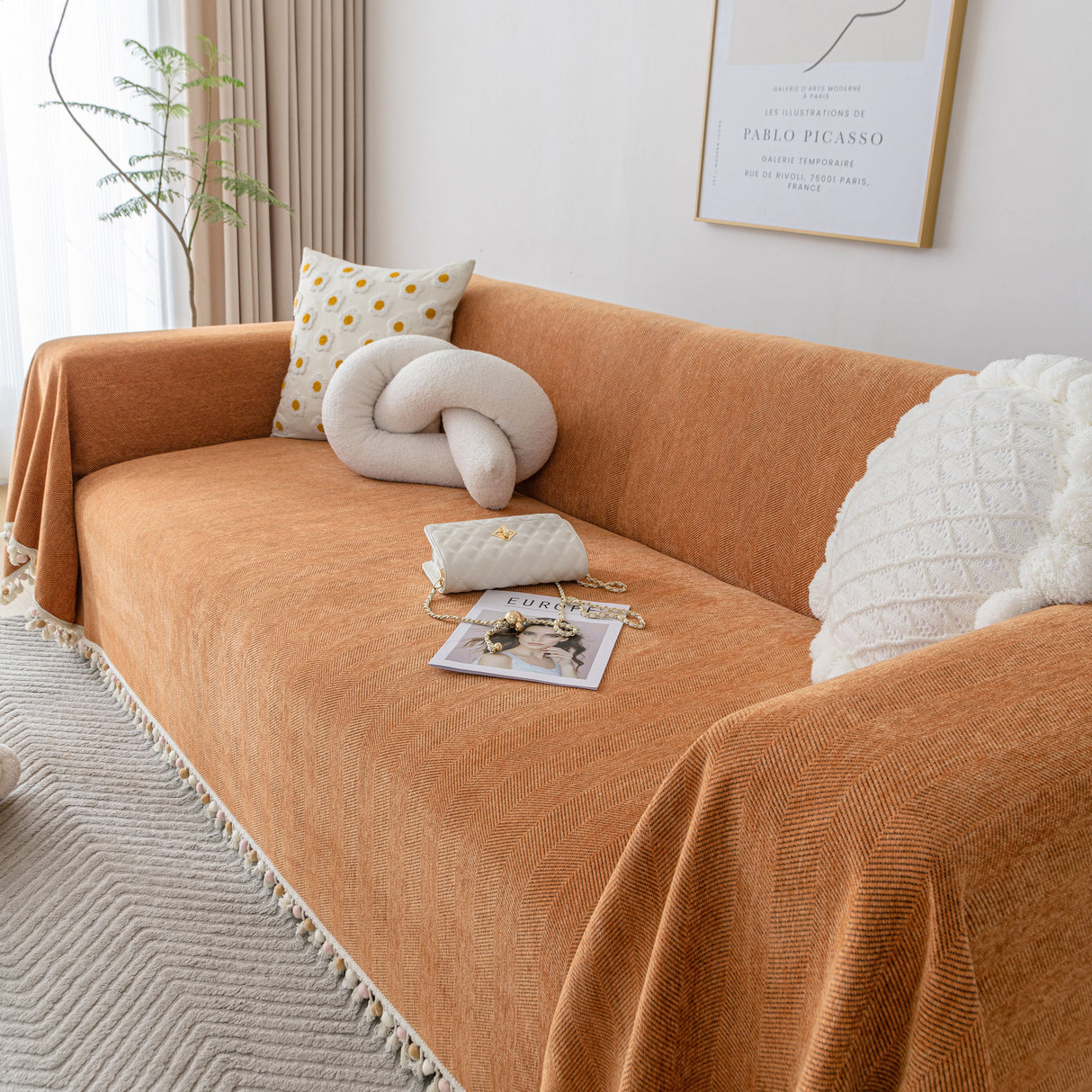 Boho Herringbone Sofa Throw Blanket with Pom Pom Tassels Stylish Furniture Slipcover