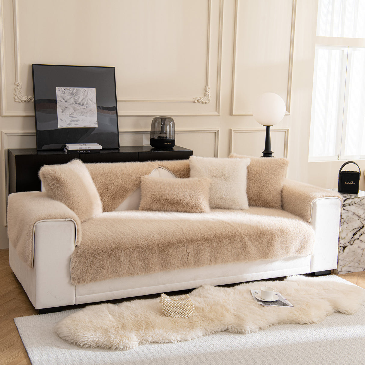 Faux Mink Velvet Luxury Fluffy Sofa Cushion, Winter Warm Thick Plush Non-slip Sofa Covers