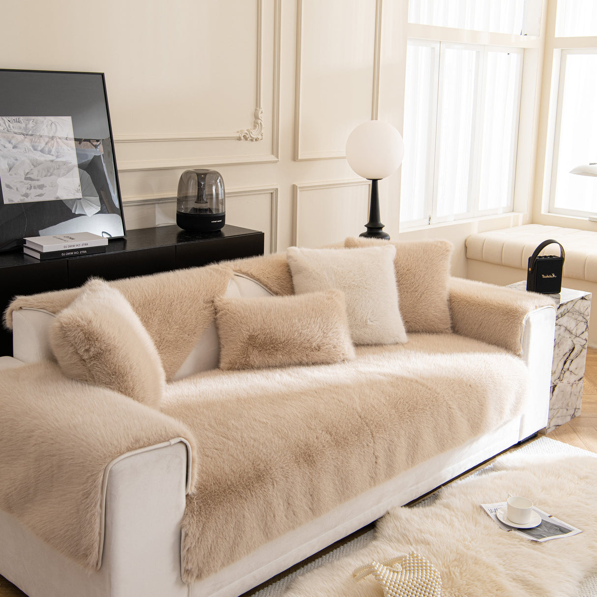 Faux Mink Velvet Luxury Fluffy Sofa Cushion, Winter Warm Thick Plush Non-slip Sofa Covers