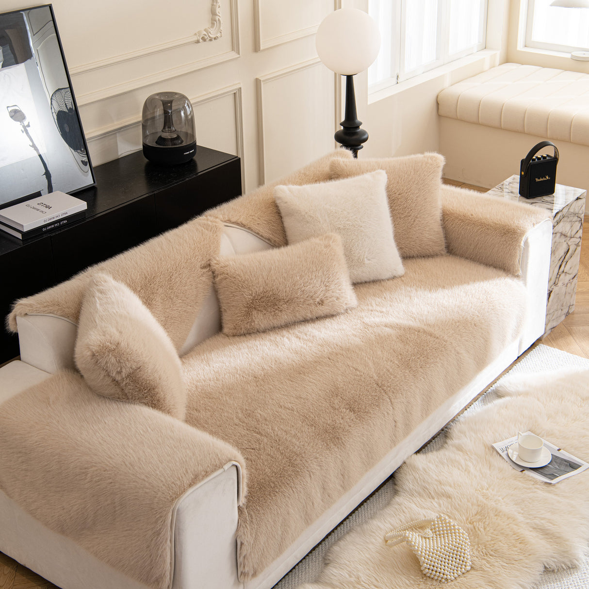 Faux Mink Velvet Luxury Fluffy Sofa Cushion, Winter Warm Thick Plush Non-slip Sofa Covers