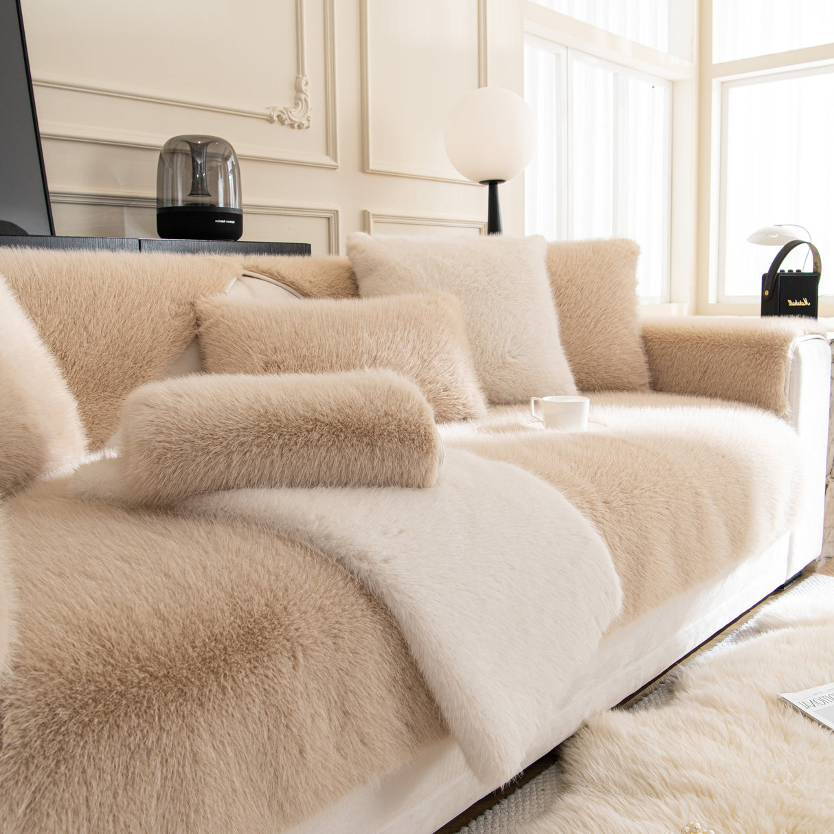 Faux Mink Velvet Luxury Fluffy Sofa Cushion, Winter Warm Thick Plush Non-slip Sofa Covers
