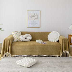 Couch Cover Sectional L Shape Chenille Herringbone Couch Throw Cover with Tassel Pom-Poms for Pets