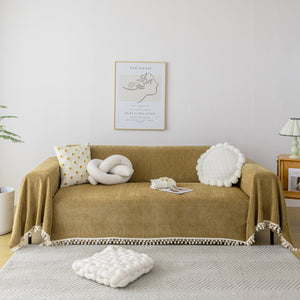 Boho Herringbone Sofa Throw Blanket with Pom Pom Tassels Stylish Furniture Slipcover