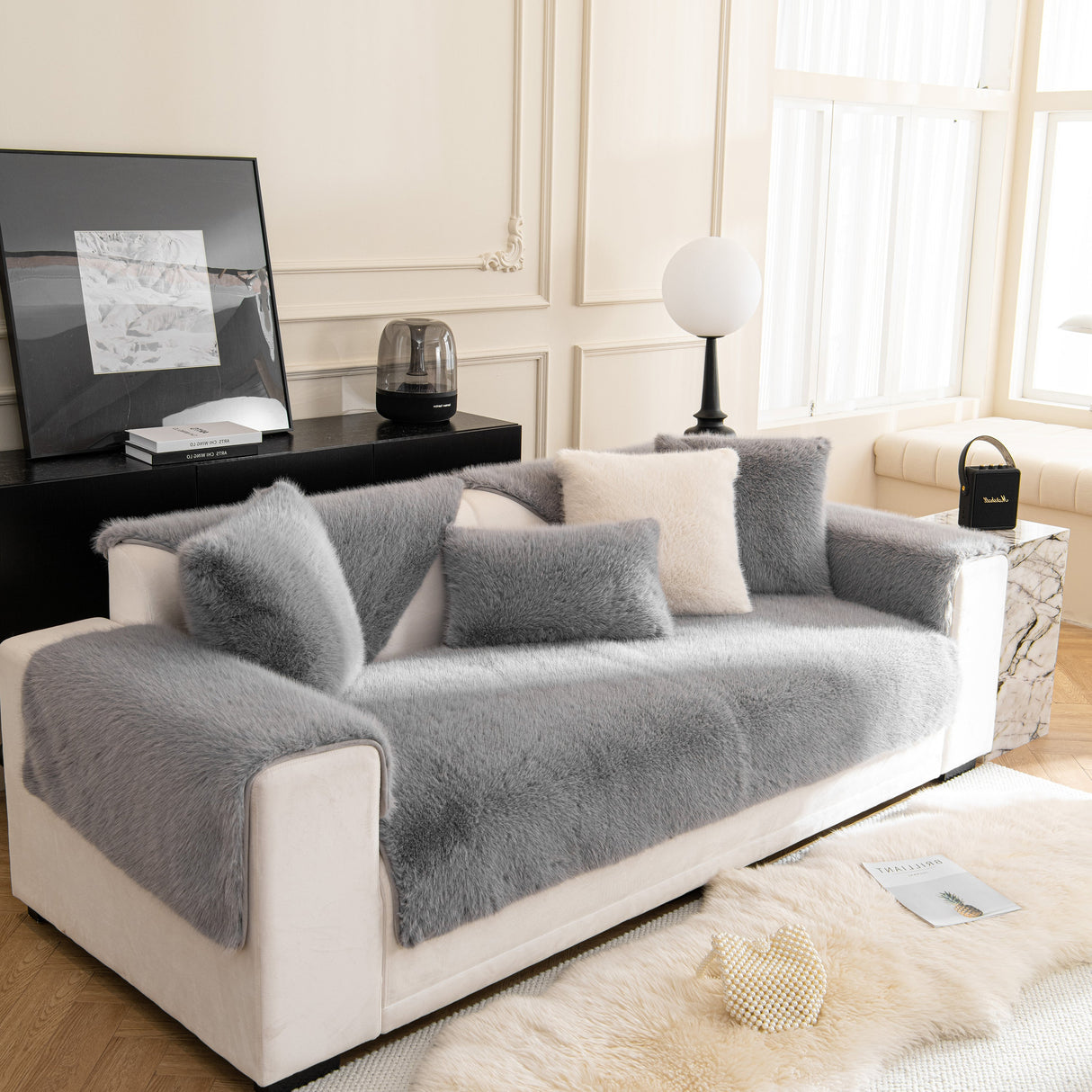 Faux Mink Velvet Luxury Fluffy Sofa Cushion, Winter Warm Thick Plush Non-slip Sofa Covers