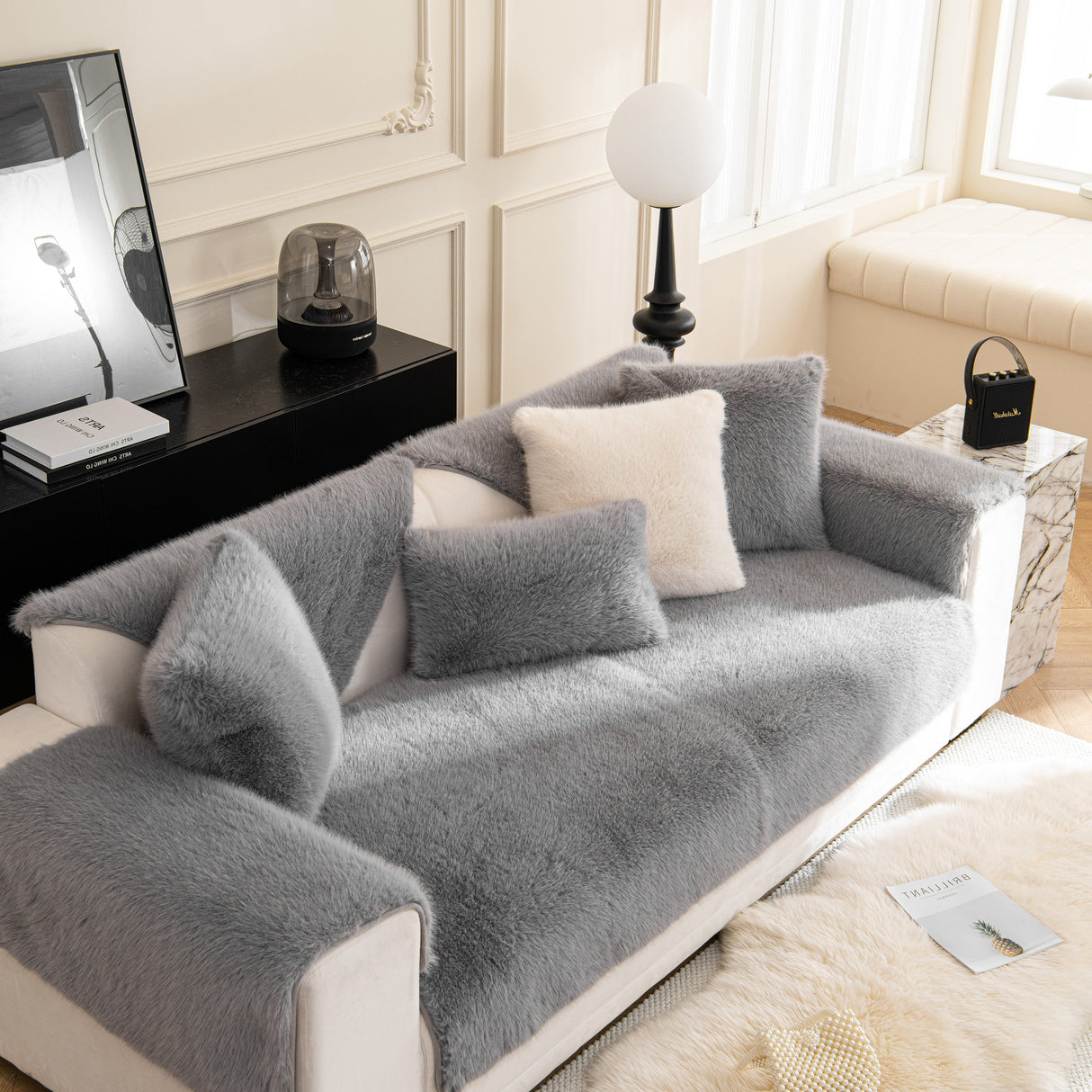 Faux Mink Velvet Luxury Fluffy Sofa Cushion, Winter Warm Thick Plush Non-slip Sofa Covers