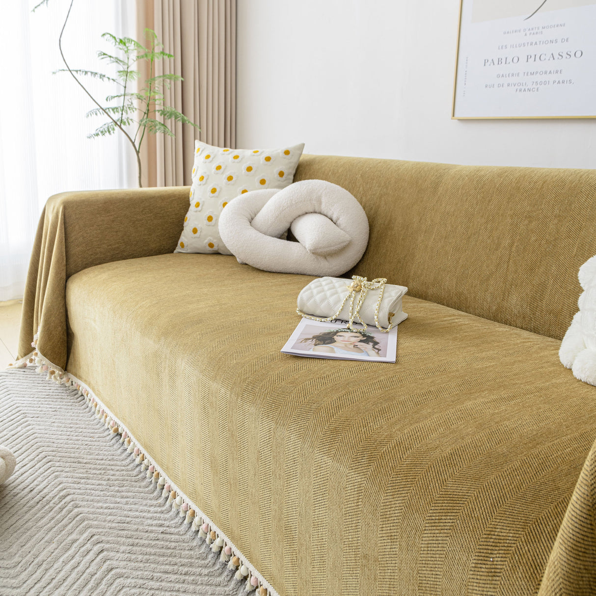 Boho Herringbone Sofa Throw Blanket with Pom Pom Tassels Stylish Furniture Slipcover