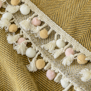 Boho Herringbone Sofa Throw Blanket with Pom Pom Tassels Stylish Furniture Slipcover