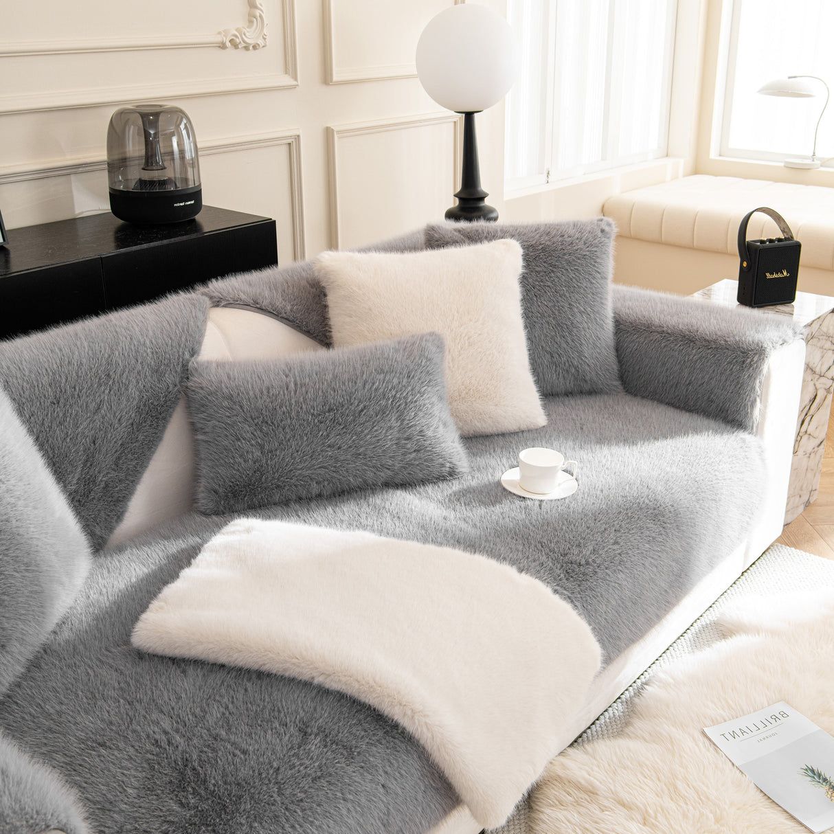 Faux Mink Velvet Luxury Fluffy Sofa Cushion, Winter Warm Thick Plush Non-slip Sofa Covers