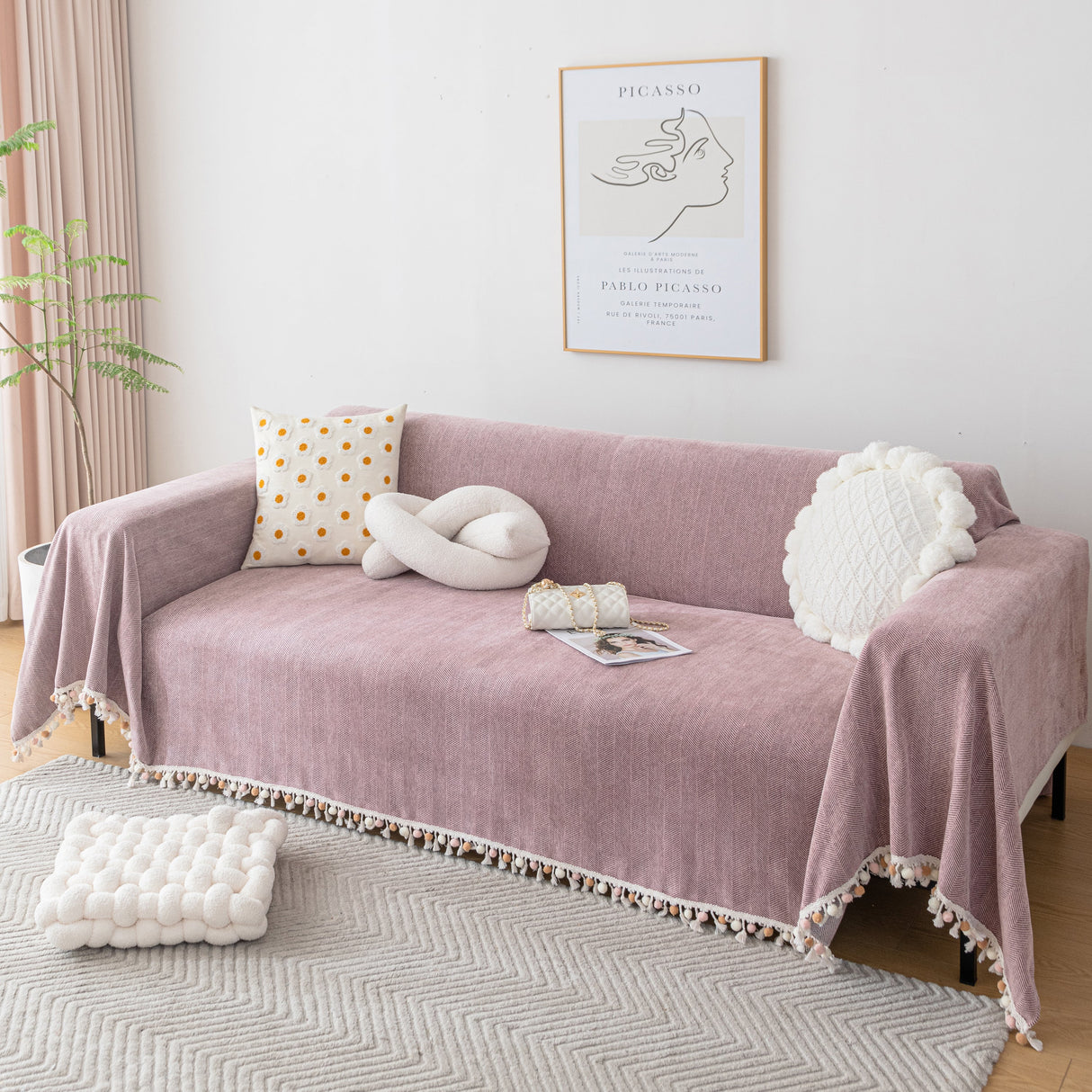 Couch Cover Sectional L Shape Chenille Herringbone Couch Throw Cover with Tassel Pom-Poms for Pets