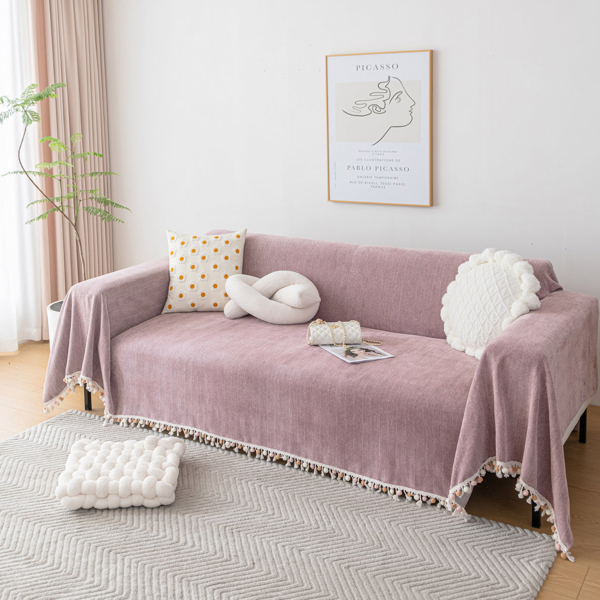 Boho Herringbone Sofa Throw Blanket with Pom Pom Tassels Stylish Furniture Slipcover