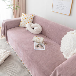 Boho Herringbone Sofa Throw Blanket with Pom Pom Tassels Stylish Furniture Slipcover