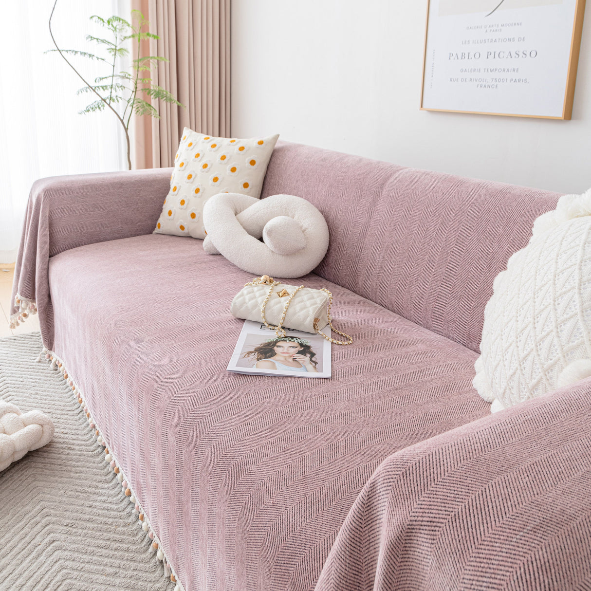 Boho Herringbone Sofa Throw Blanket with Pom Pom Tassels Stylish Furniture Slipcover