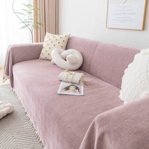 Boho Herringbone Sofa Throw Blanket with Pom Pom Tassels Stylish Furniture Slipcover