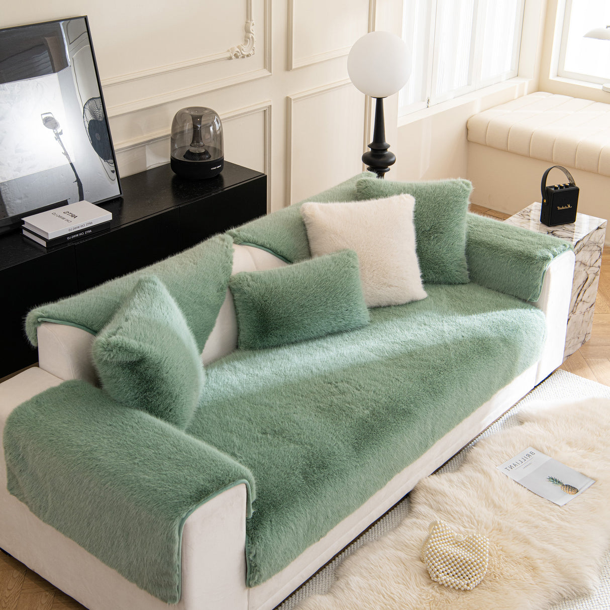 Faux Mink Velvet Luxury Fluffy Sofa Cushion, Winter Warm Thick Plush Non-slip Sofa Covers