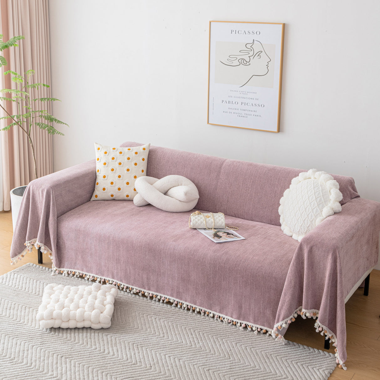 Boho Herringbone Sofa Throw Blanket with Pom Pom Tassels Stylish Furniture Slipcover