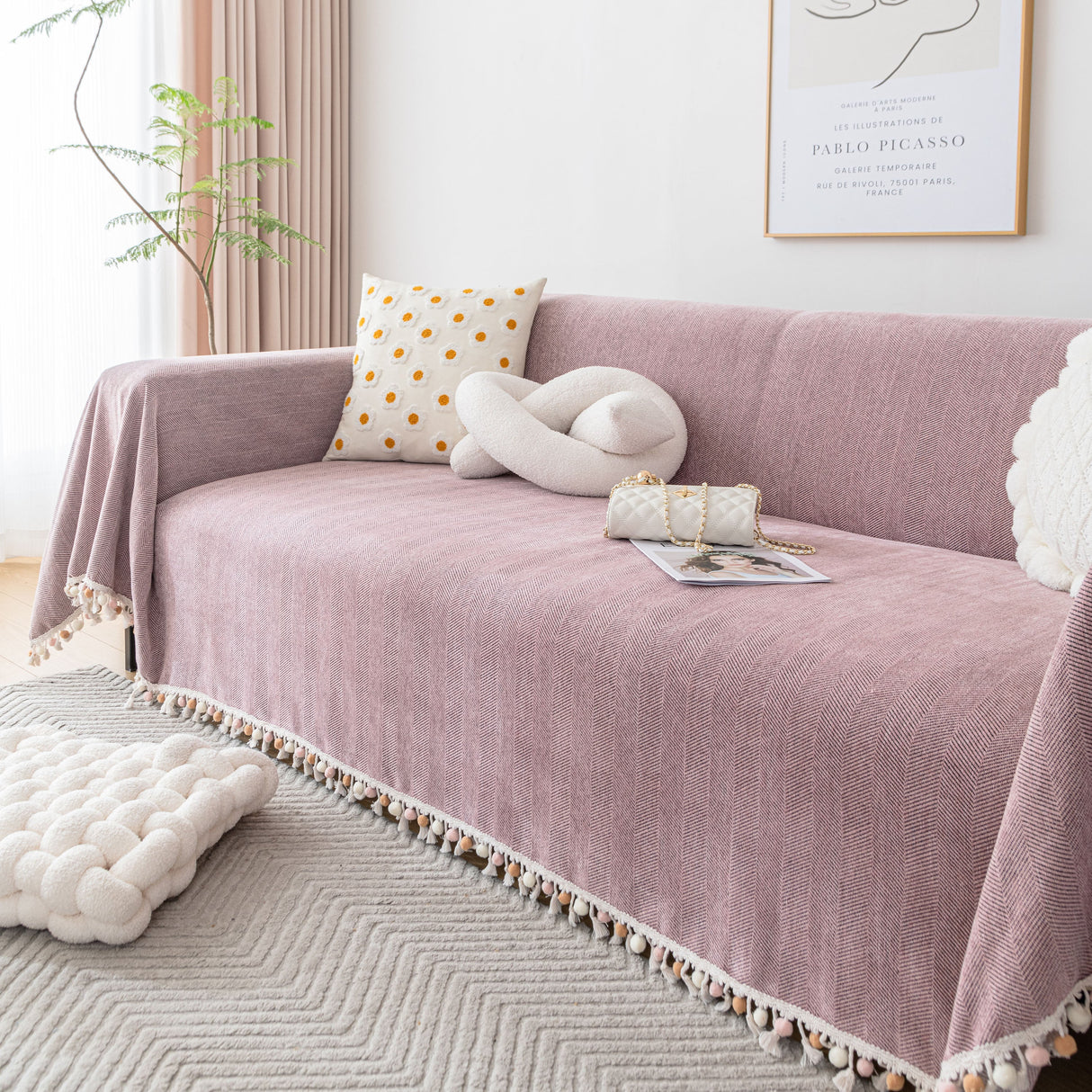 Boho Herringbone Sofa Throw Blanket with Pom Pom Tassels Stylish Furniture Slipcover