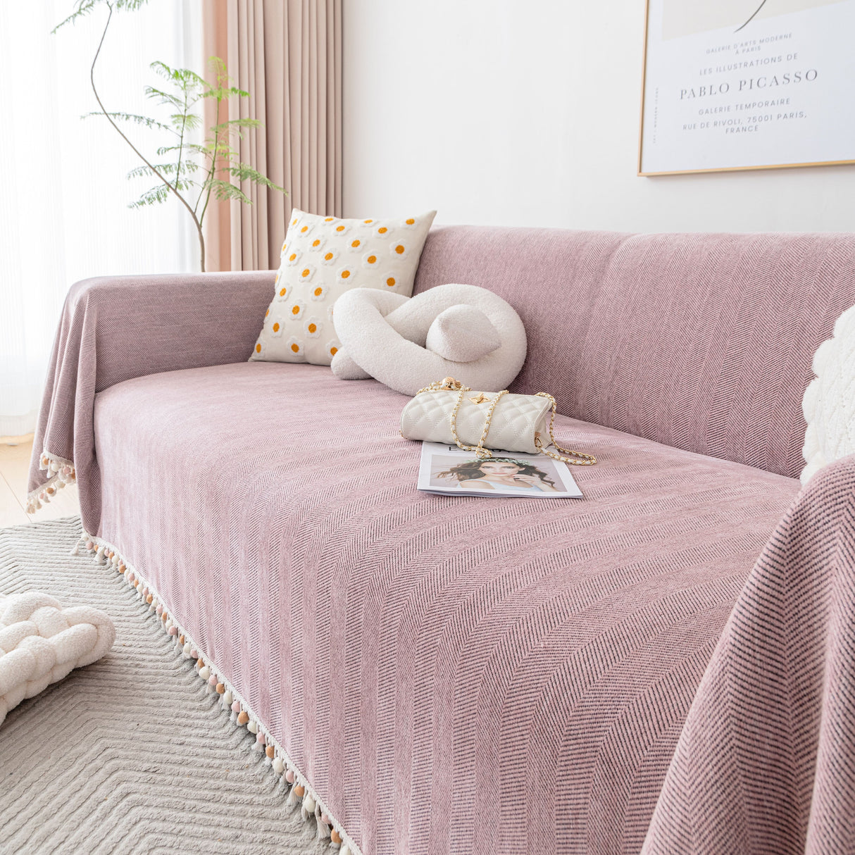 Boho Herringbone Sofa Throw Blanket with Pom Pom Tassels Stylish Furniture Slipcover