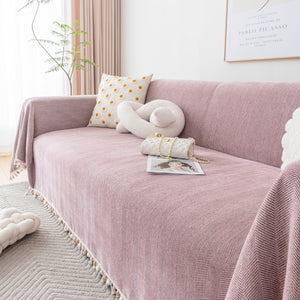 Boho Herringbone Sofa Throw Blanket with Pom Pom Tassels Stylish Furniture Slipcover