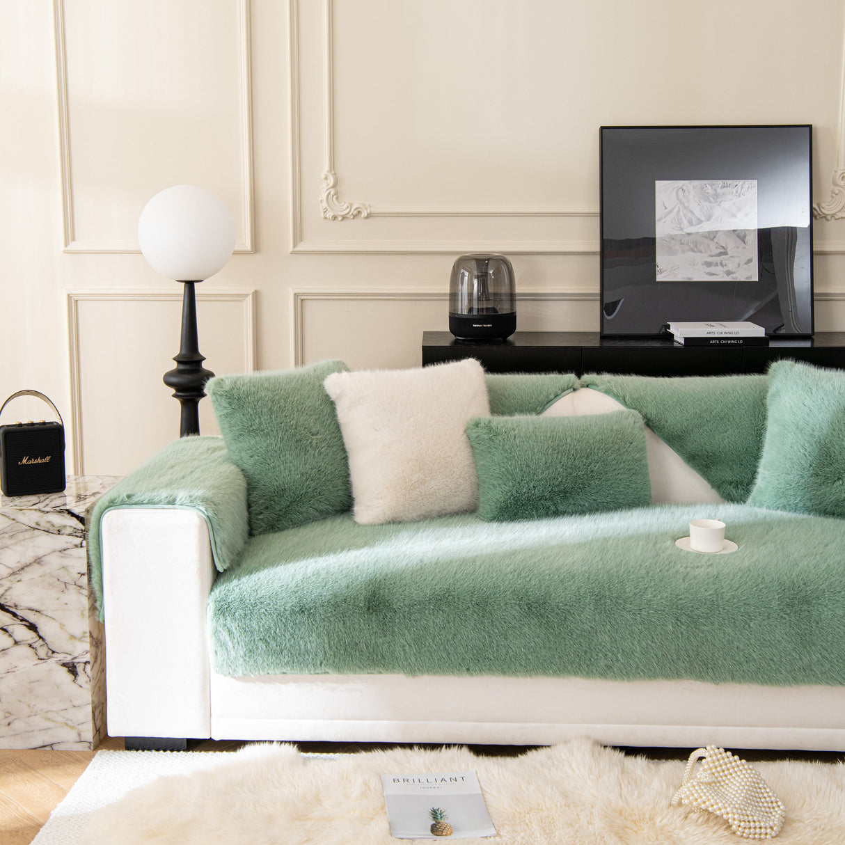 Faux Mink Velvet Luxury Fluffy Sofa Cushion, Winter Warm Thick Plush Non-slip Sofa Covers