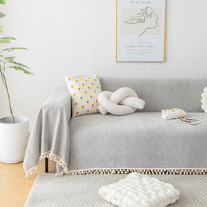 Couch Cover Sectional L Shape Chenille Herringbone Couch Throw Cover with Tassel Pom-Poms for Pets