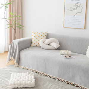 Boho Herringbone Sofa Throw Blanket with Pom Pom Tassels Stylish Furniture Slipcover