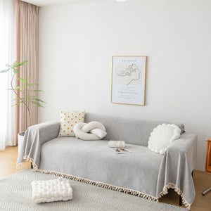 Couch Cover Sectional L Shape Chenille Herringbone Couch Throw Cover with Tassel Pom-Poms for Pets