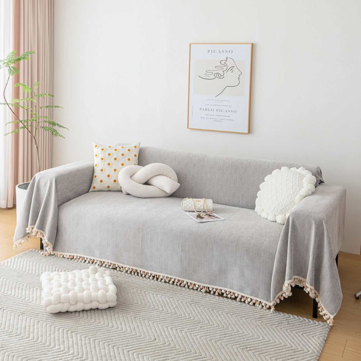 Boho Herringbone Sofa Throw Blanket with Pom Pom Tassels Stylish Furniture Slipcover