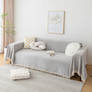 Boho Herringbone Sofa Throw Blanket with Pom Pom Tassels Stylish Furniture Slipcover