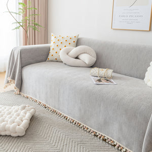 Boho Herringbone Sofa Throw Blanket with Pom Pom Tassels Stylish Furniture Slipcover