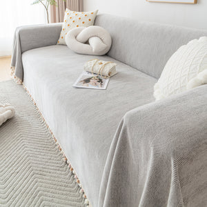 Couch Cover Sectional L Shape Chenille Herringbone Couch Throw Cover with Tassel Pom-Poms for Pets