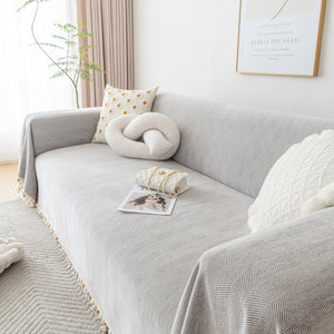 Boho Herringbone Sofa Throw Blanket with Pom Pom Tassels Stylish Furniture Slipcover