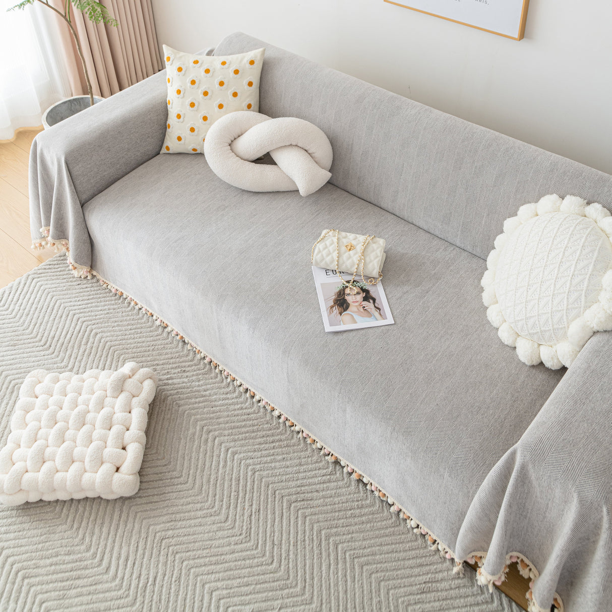 Couch Cover Sectional L Shape Chenille Herringbone Couch Throw Cover with Tassel Pom-Poms for Pets