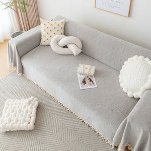 Boho Herringbone Sofa Throw Blanket with Pom Pom Tassels Stylish Furniture Slipcover