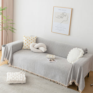 Couch Cover Sectional L Shape Chenille Herringbone Couch Throw Cover with Tassel Pom-Poms for Pets