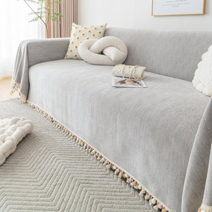 Couch Cover Sectional L Shape Chenille Herringbone Couch Throw Cover with Tassel Pom-Poms for Pets