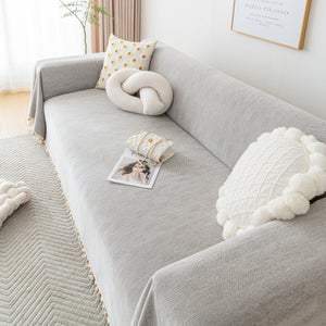 Couch Cover Sectional L Shape Chenille Herringbone Couch Throw Cover with Tassel Pom-Poms for Pets