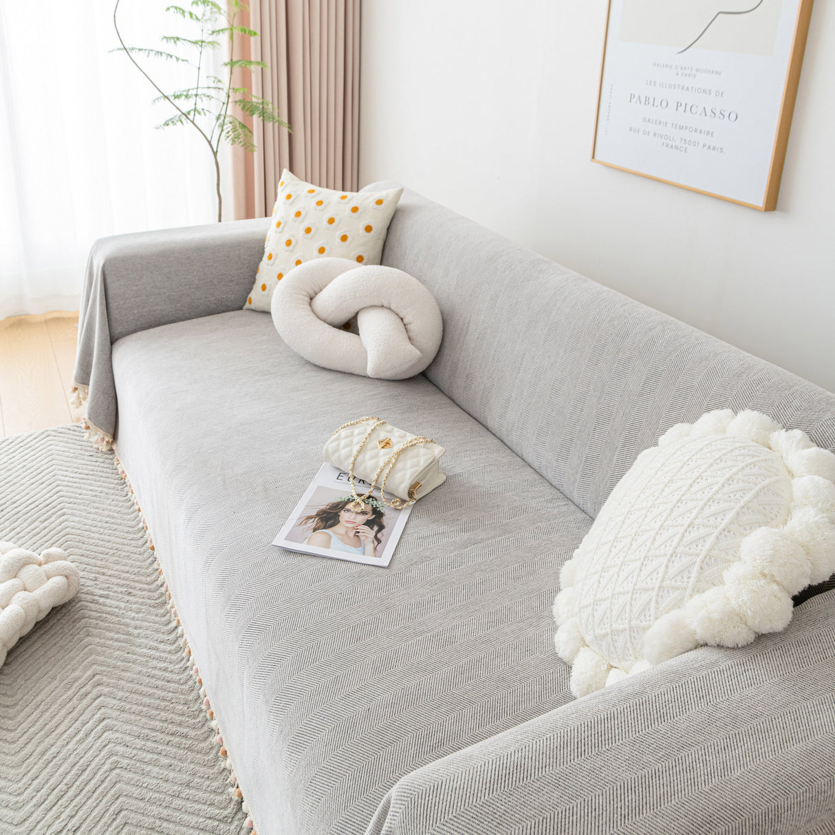 Boho Herringbone Sofa Throw Blanket with Pom Pom Tassels Stylish Furniture Slipcover