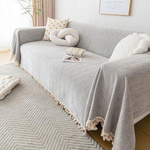 Couch Cover Sectional L Shape Chenille Herringbone Couch Throw Cover with Tassel Pom-Poms for Pets