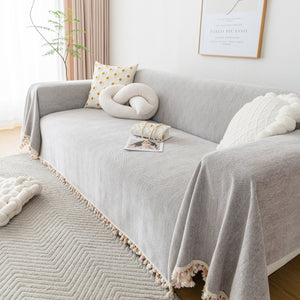 Boho Herringbone Sofa Throw Blanket with Pom Pom Tassels Stylish Furniture Slipcover