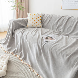 Couch Cover Sectional L Shape Chenille Herringbone Couch Throw Cover with Tassel Pom-Poms for Pets