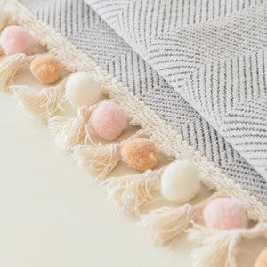Boho Herringbone Sofa Throw Blanket with Pom Pom Tassels Stylish Furniture Slipcover