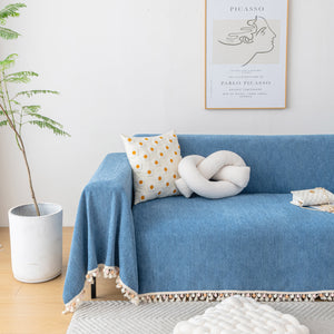 Boho Herringbone Sofa Throw Blanket with Pom Pom Tassels Stylish Furniture Slipcover