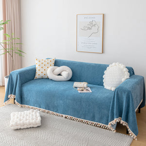 Couch Cover Sectional L Shape Chenille Herringbone Couch Throw Cover with Tassel Pom-Poms for Pets