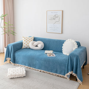 Boho Herringbone Sofa Throw Blanket with Pom Pom Tassels Stylish Furniture Slipcover