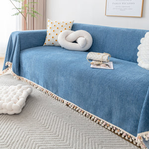 Couch Cover Sectional L Shape Chenille Herringbone Couch Throw Cover with Tassel Pom-Poms for Pets